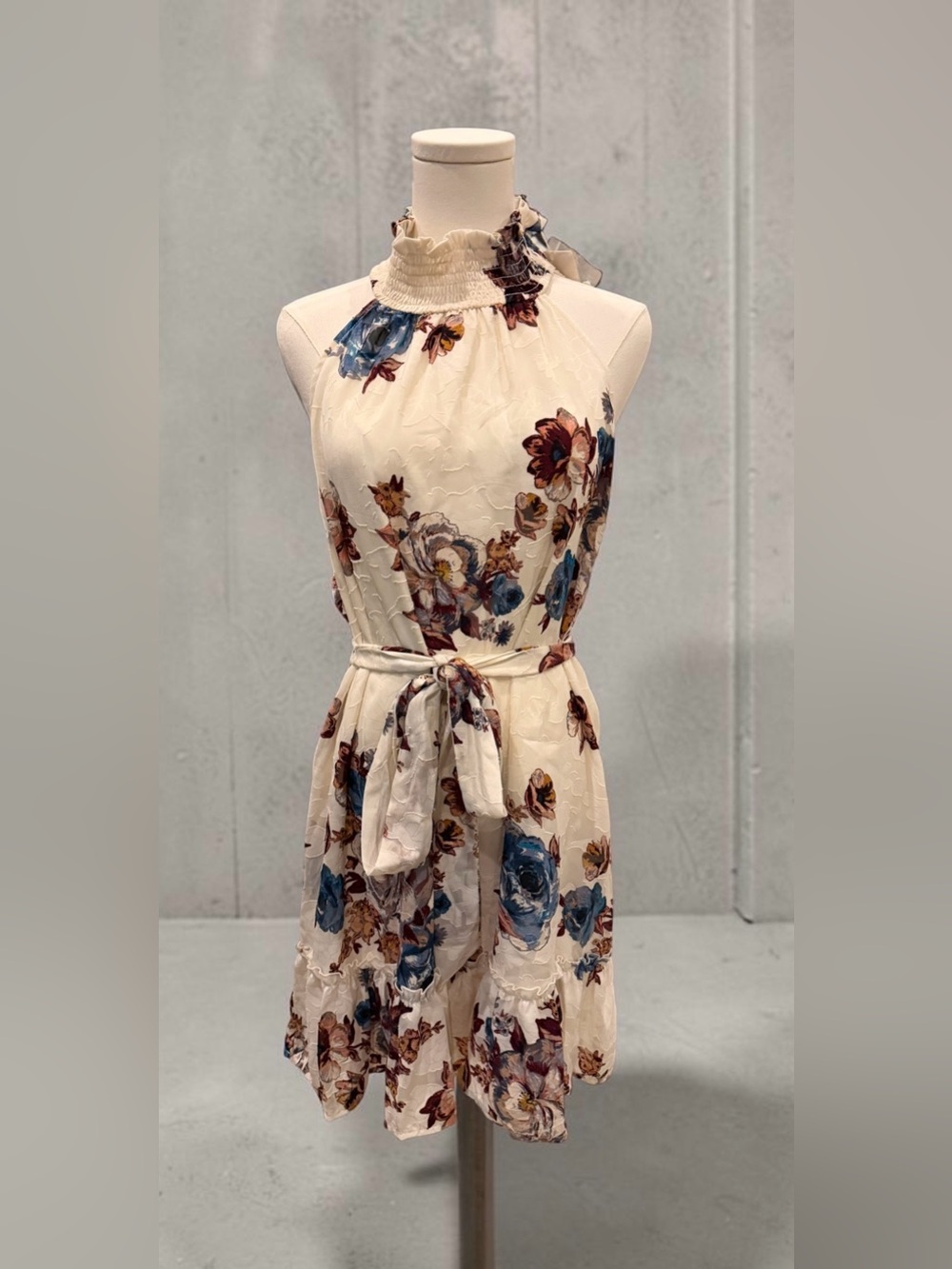 NWT Cream Floral Halter Midi Dress with Self Tie Waist